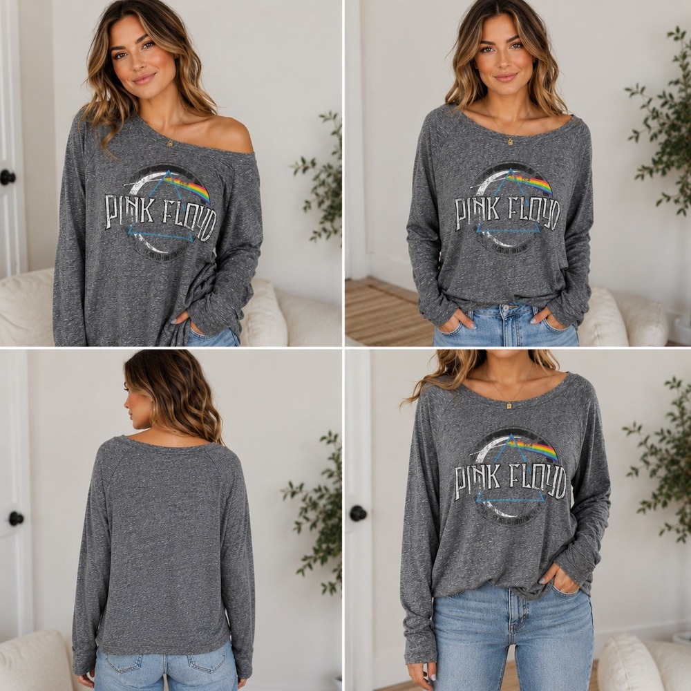 Pink Floyd Graphic Top Womens XL Gray Long Sleeve Raglan Dark Side Moon Rock Tee